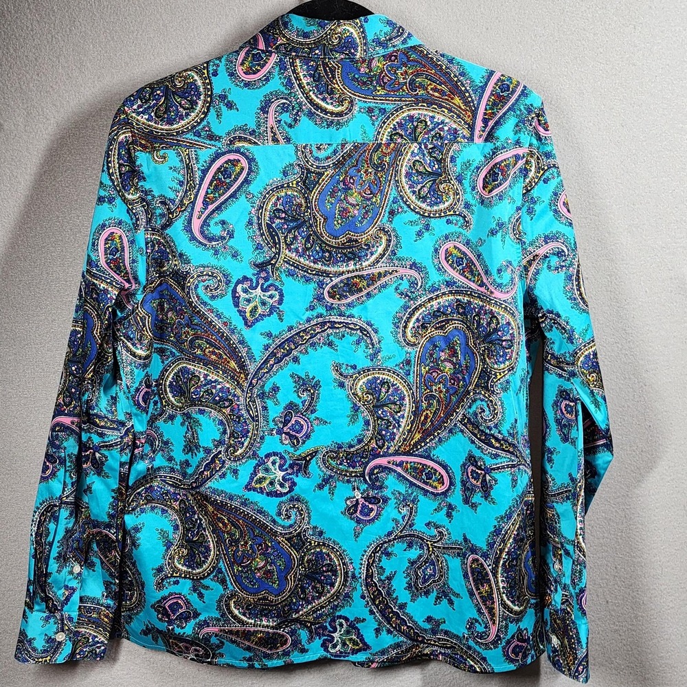 Talbots Turquoise Paisley Shirt Womens 10 12 Button Front Long Sleeve Stretch - Picture 2 of 10